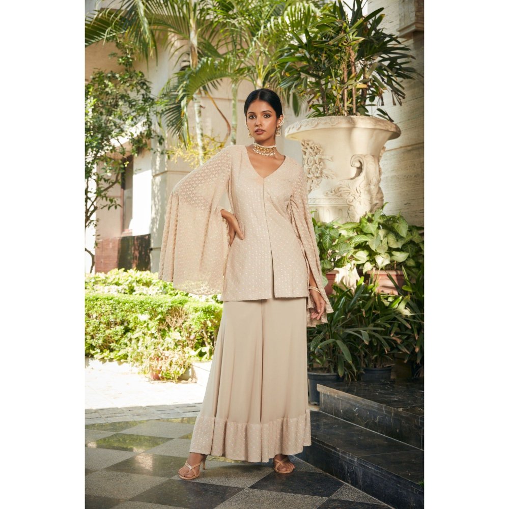 Bohame Raga Beige Embroidered Chikankari Tunic with Flared Pant (Set of 2)