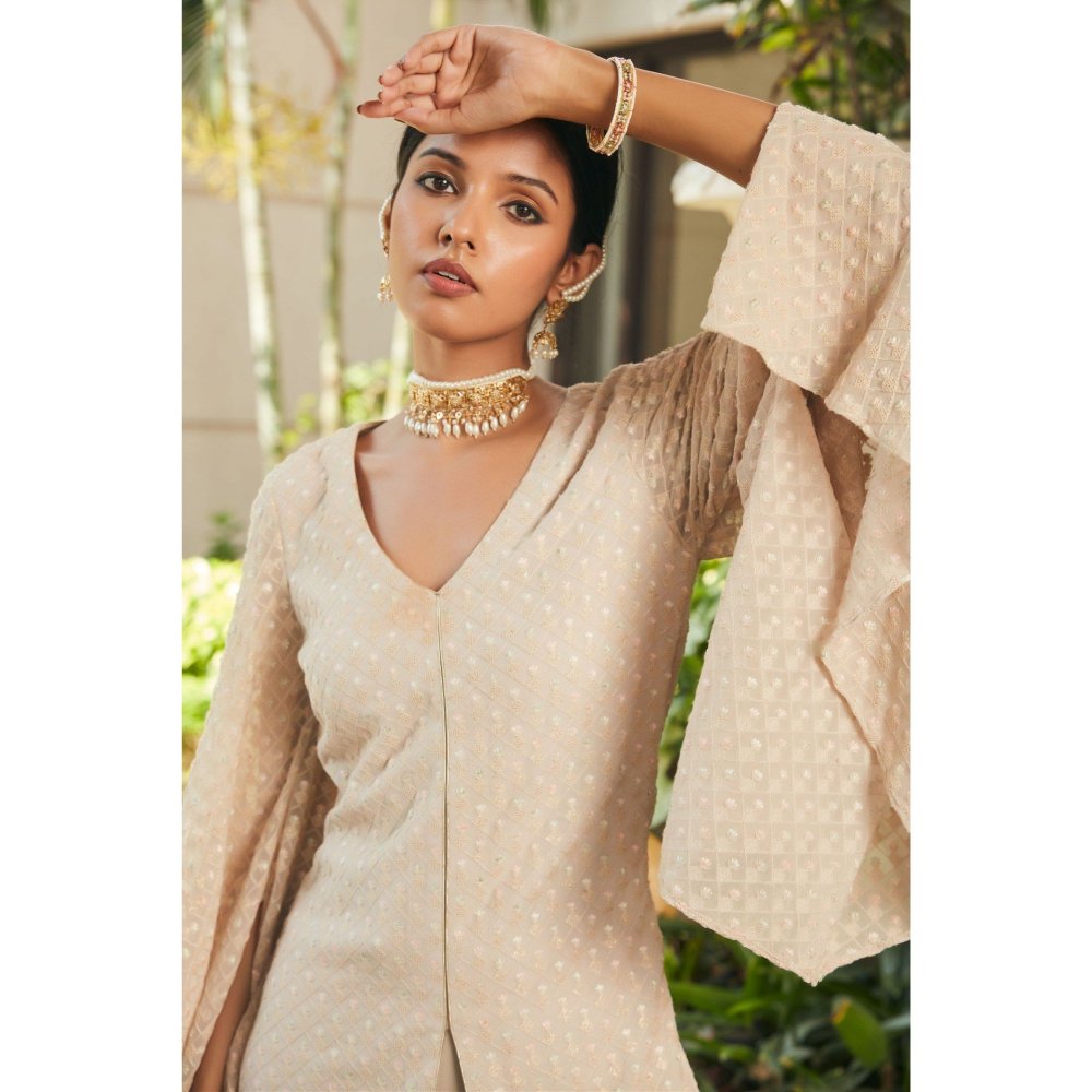 Bohame Raga Beige Embroidered Chikankari Tunic with Flared Pant (Set of 2)