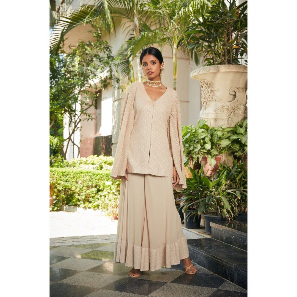 Bohame Raga Beige Embroidered Chikankari Tunic with Flared Pant (Set of 2)