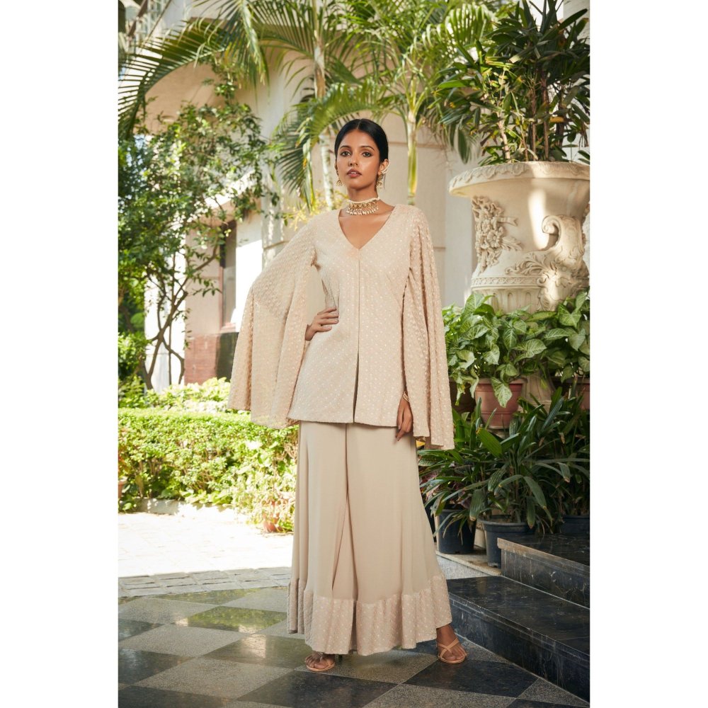 Bohame Raga Beige Embroidered Chikankari Tunic with Flared Pant (Set of 2)