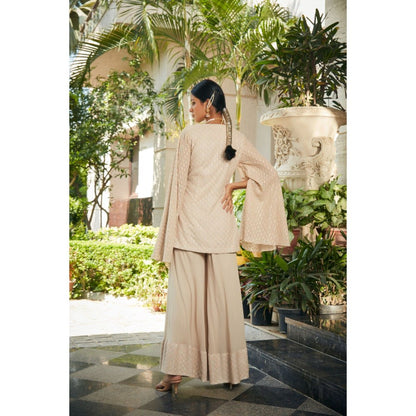 Bohame Raga Beige Embroidered Chikankari Tunic with Flared Pant (Set of 2)