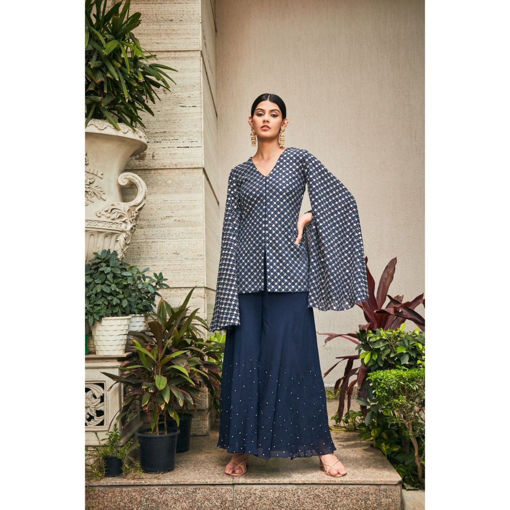 Bohame Ednita Teal Mirror Work Tunic with Flared Pant (Set of 2)