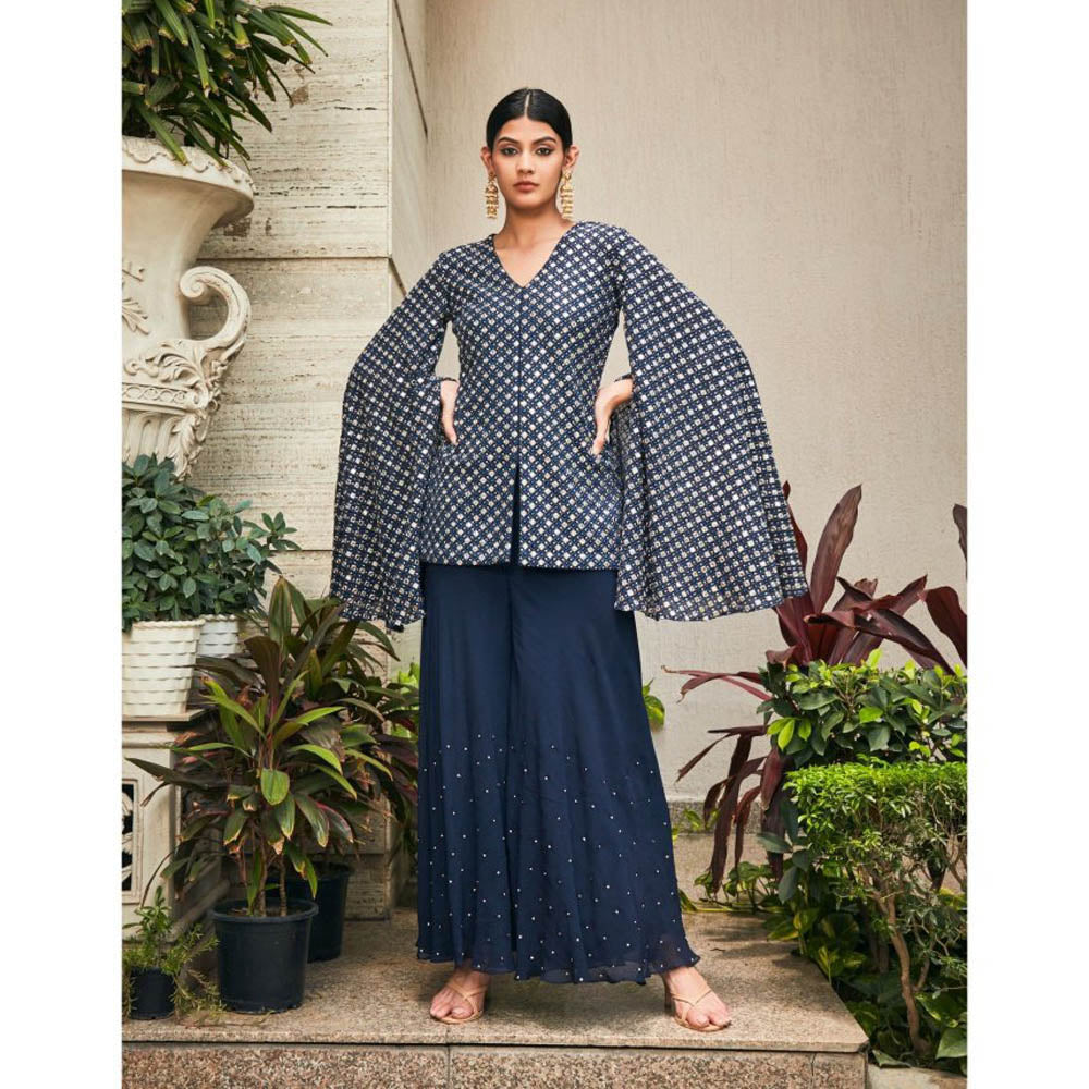 Bohame Ednita Teal Mirror Work Tunic with Flared Pant (Set of 2)