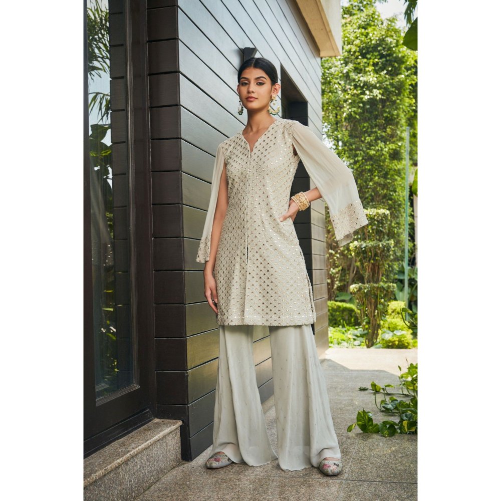 Bohame Cahaya Light Grey Mirror Work Tunic with Flared Pant (Set of 2)