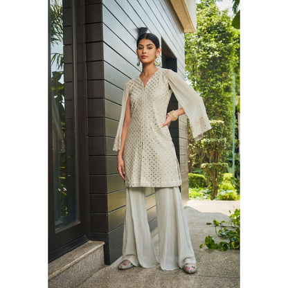 Bohame Cahaya Light Grey Mirror Work Tunic with Flared Pant (Set of 2)