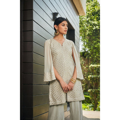 Bohame Cahaya Light Grey Mirror Work Tunic with Flared Pant (Set of 2)