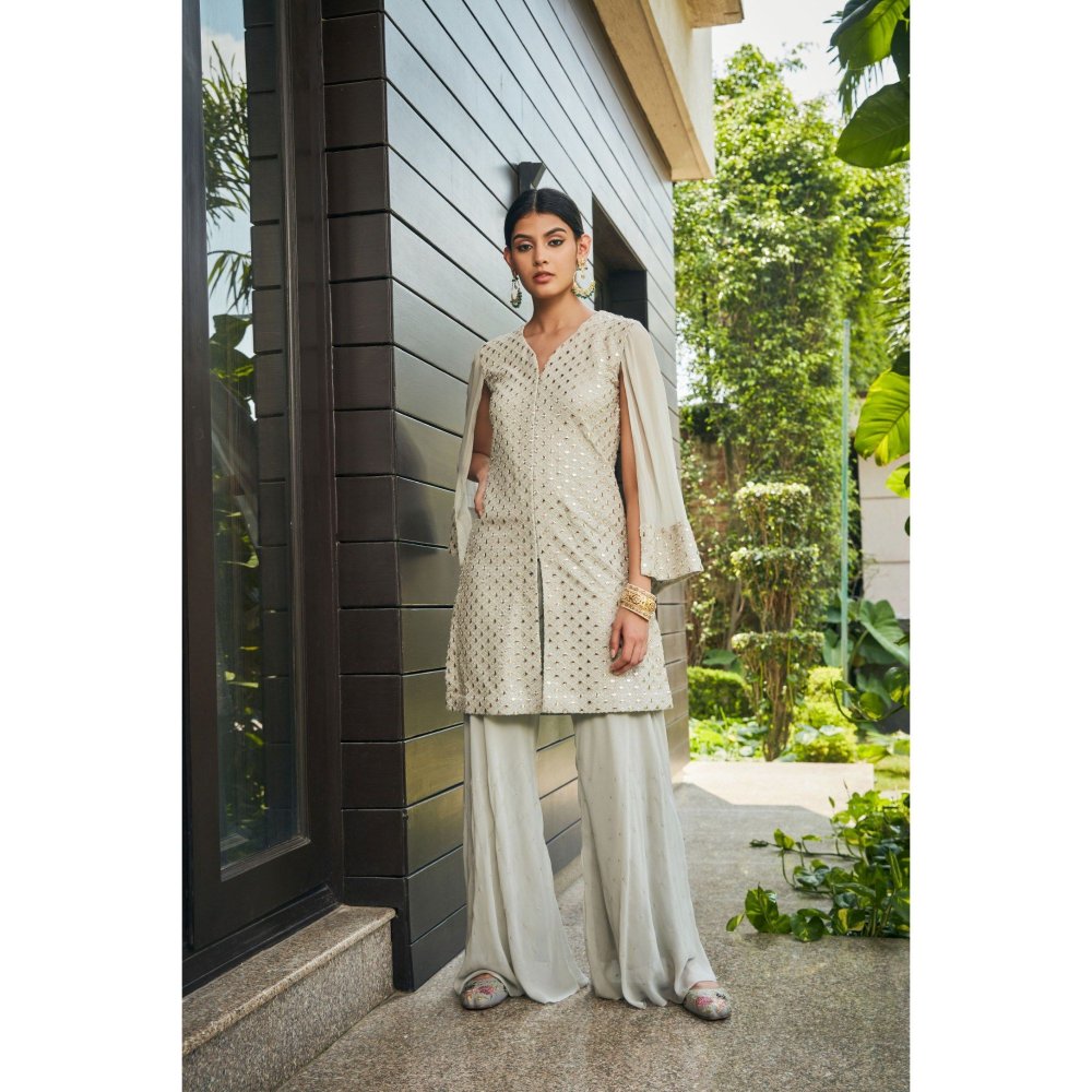Bohame Cahaya Light Grey Mirror Work Tunic with Flared Pant (Set of 2)