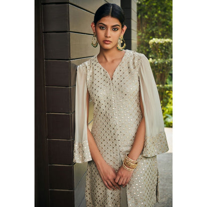 Bohame Cahaya Light Grey Mirror Work Tunic with Flared Pant (Set of 2)