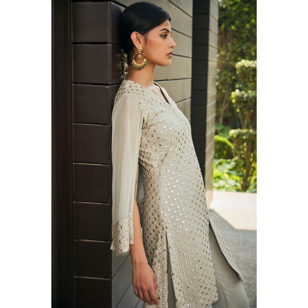 Bohame Cahaya Light Grey Mirror Work Tunic with Flared Pant (Set of 2)