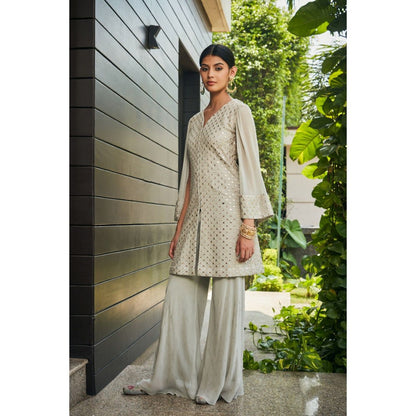 Bohame Cahaya Light Grey Mirror Work Tunic with Flared Pant (Set of 2)