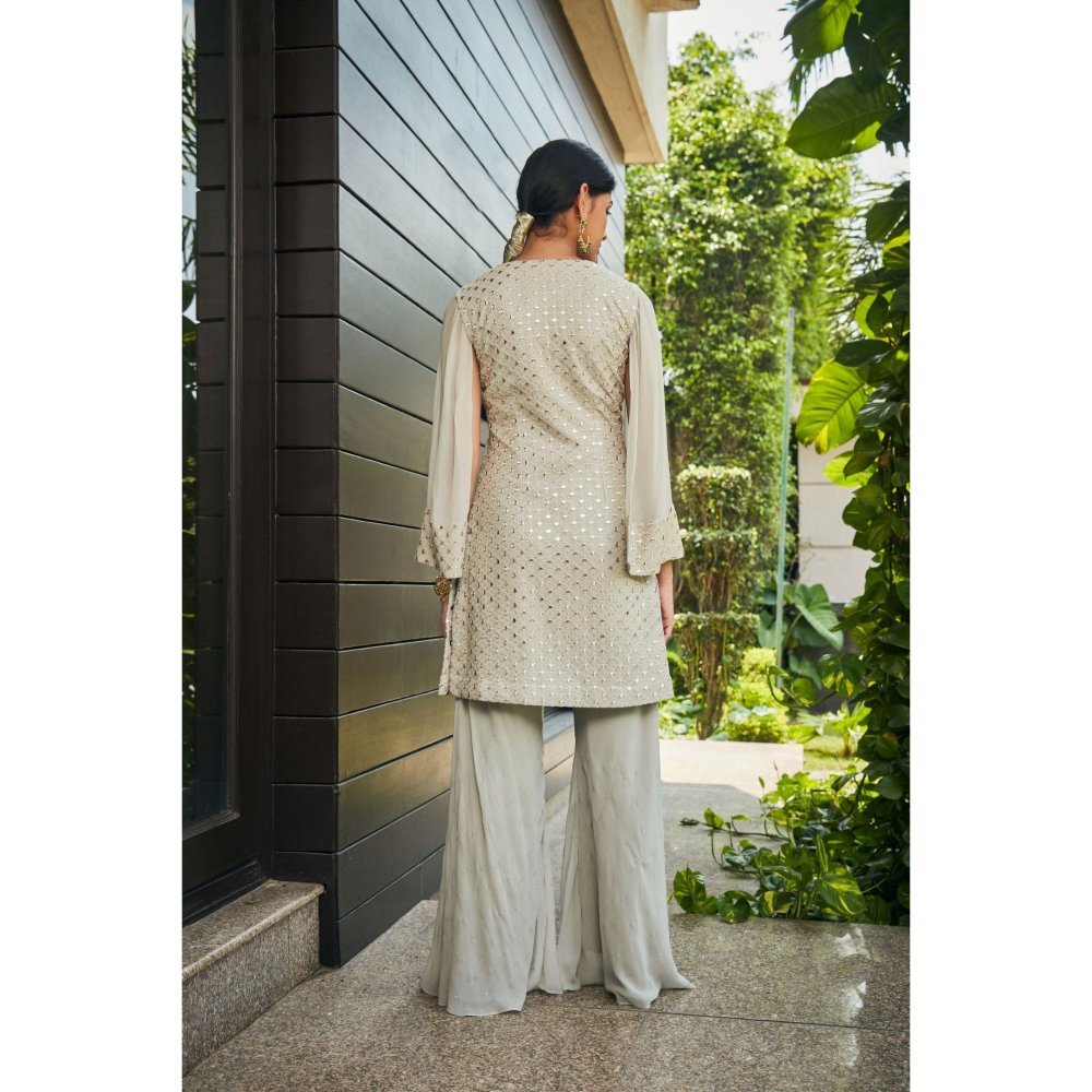 Bohame Cahaya Light Grey Mirror Work Tunic with Flared Pant (Set of 2)