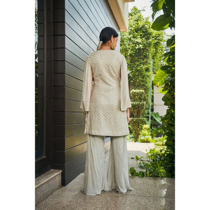 Bohame Cahaya Light Grey Mirror Work Tunic with Flared Pant (Set of 2)