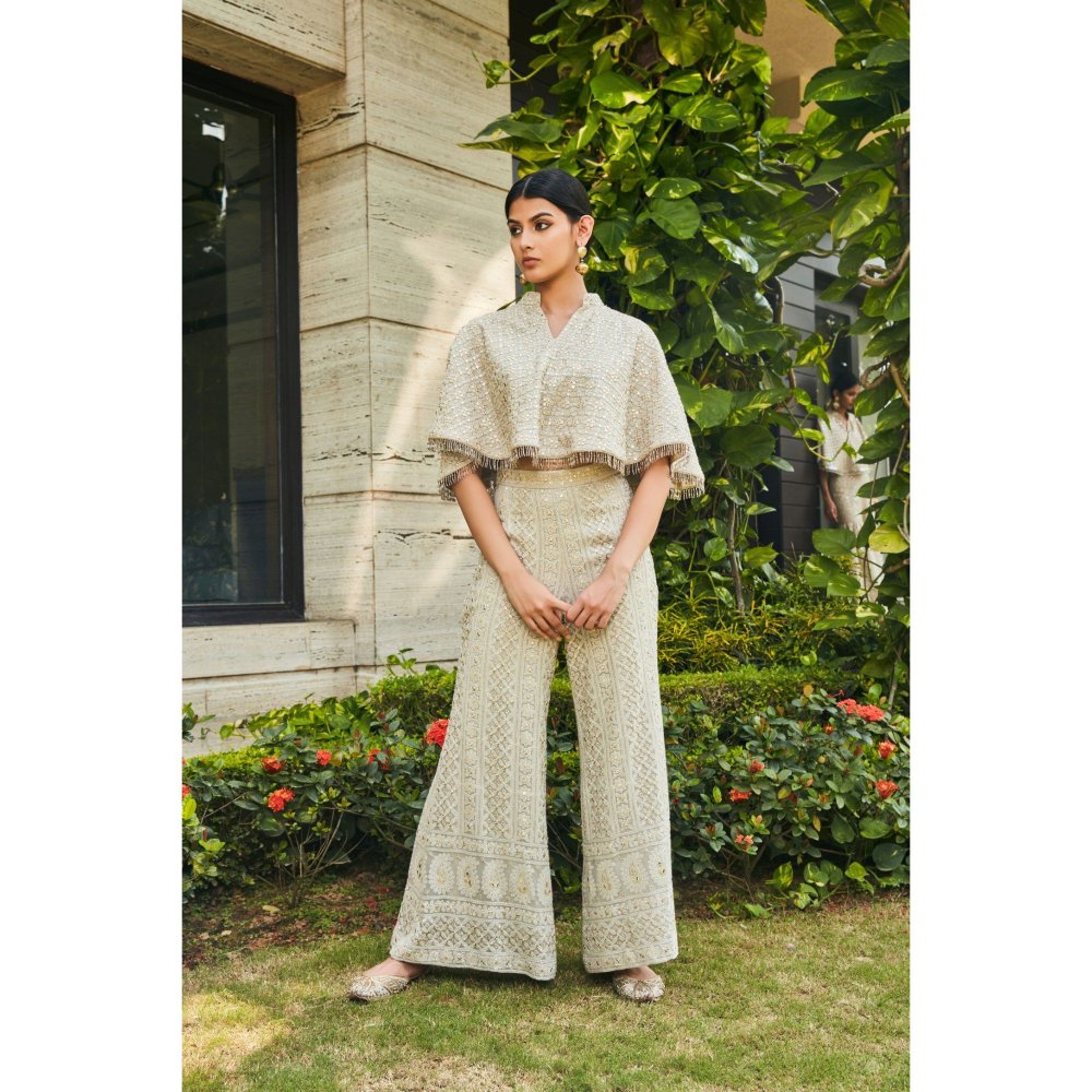 Bohame Ila Off White Chikankari & Mirror Work Bustier with Cape & Pant (Set of 3)