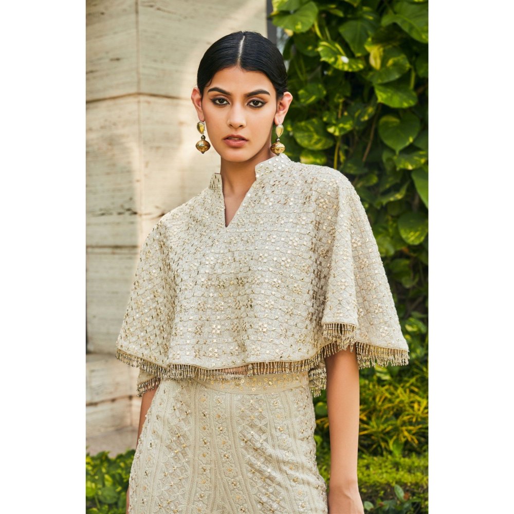 Bohame Ila Off White Chikankari & Mirror Work Bustier with Cape & Pant (Set of 3)