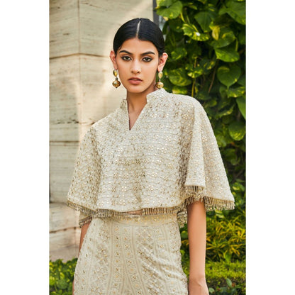 Bohame Ila Off White Chikankari & Mirror Work Bustier with Cape & Pant (Set of 3)