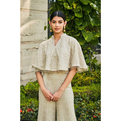 Bohame Ila Off White Chikankari & Mirror Work Bustier with Cape & Pant (Set of 3)