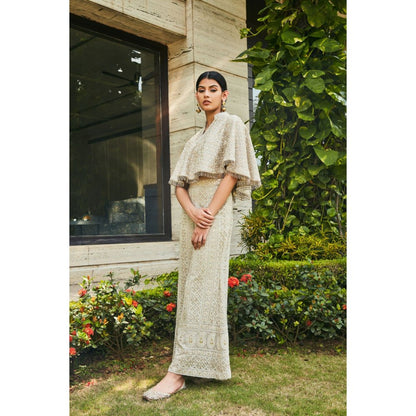 Bohame Ila Off White Chikankari & Mirror Work Bustier with Cape & Pant (Set of 3)