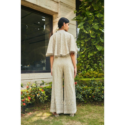 Bohame Ila Off White Chikankari & Mirror Work Bustier with Cape & Pant (Set of 3)