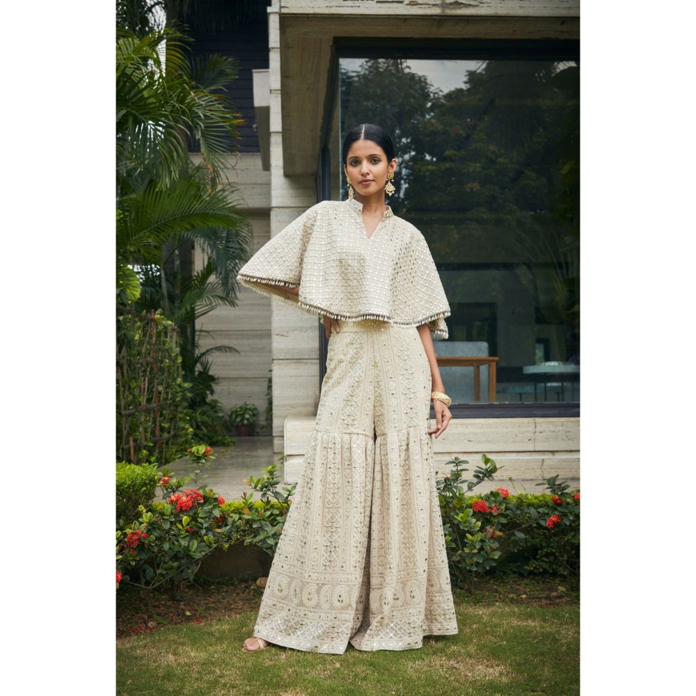 Bohame Venya Beige Chikankari & Mirror Work Bustier with Cape & Sharara (Set of 3)