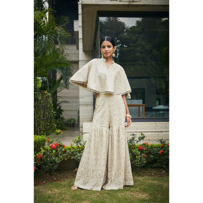 Bohame Venya Beige Chikankari & Mirror Work Bustier with Cape & Sharara (Set of 3)