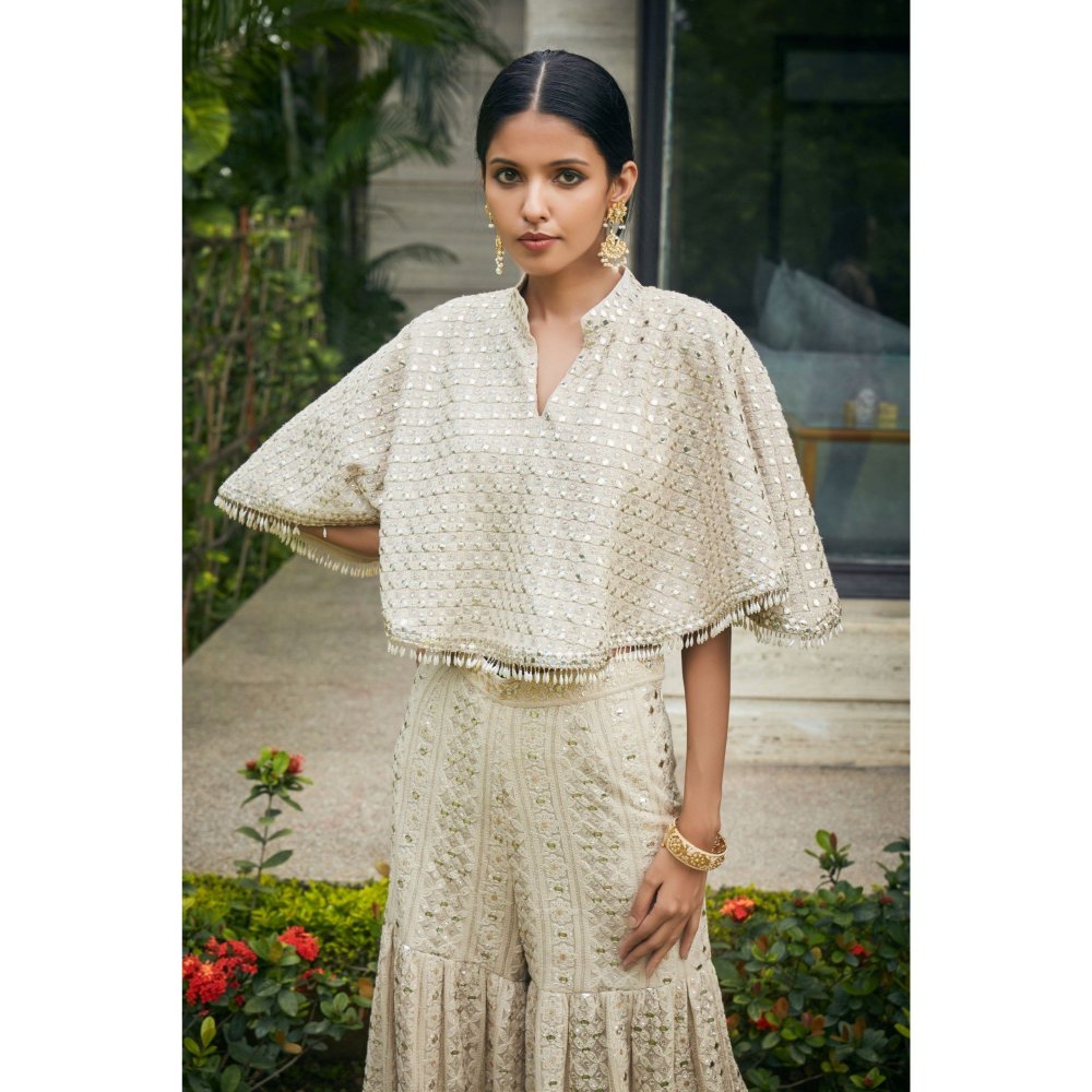 Bohame Venya Beige Chikankari & Mirror Work Bustier with Cape & Sharara (Set of 3)