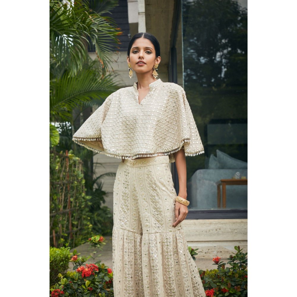 Bohame Venya Beige Chikankari & Mirror Work Bustier with Cape & Sharara (Set of 3)