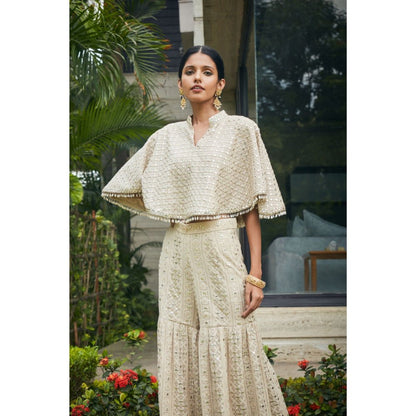 Bohame Venya Beige Chikankari & Mirror Work Bustier with Cape & Sharara (Set of 3)