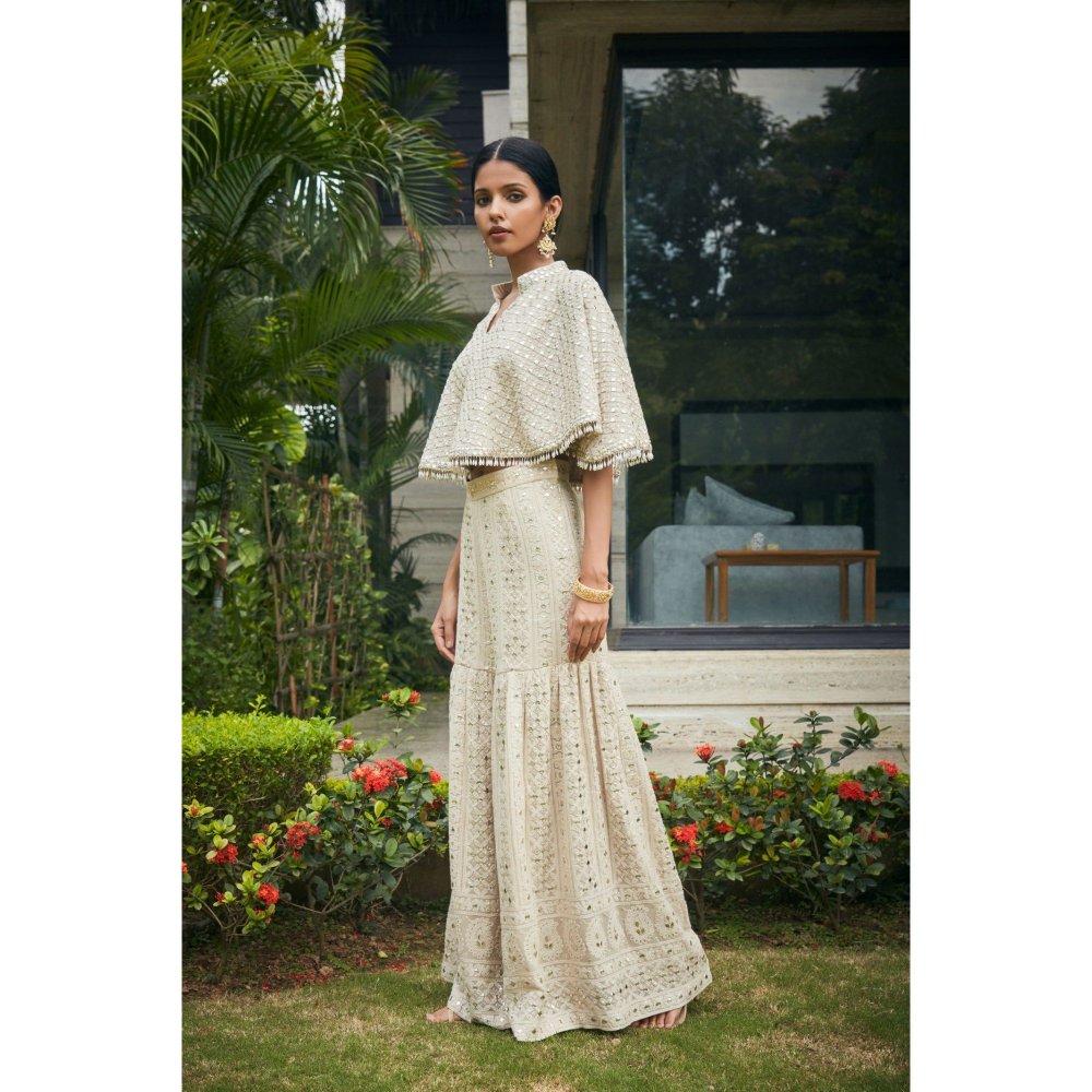 Bohame Venya Beige Chikankari & Mirror Work Bustier with Cape & Sharara (Set of 3)