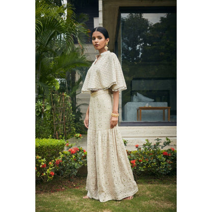 Bohame Venya Beige Chikankari & Mirror Work Bustier with Cape & Sharara (Set of 3)