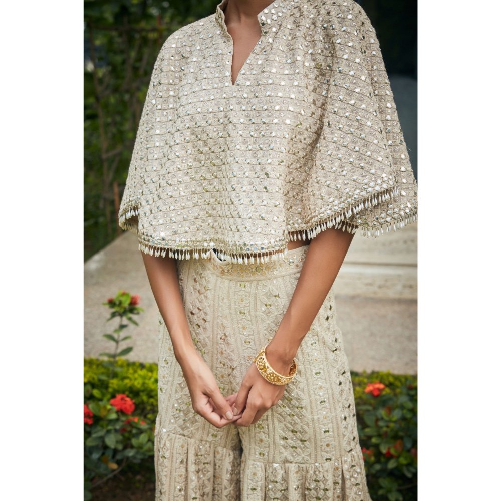 Bohame Venya Beige Chikankari & Mirror Work Bustier with Cape & Sharara (Set of 3)