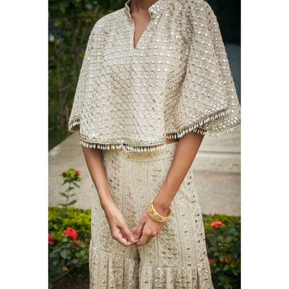 Bohame Venya Beige Chikankari & Mirror Work Bustier with Cape & Sharara (Set of 3)