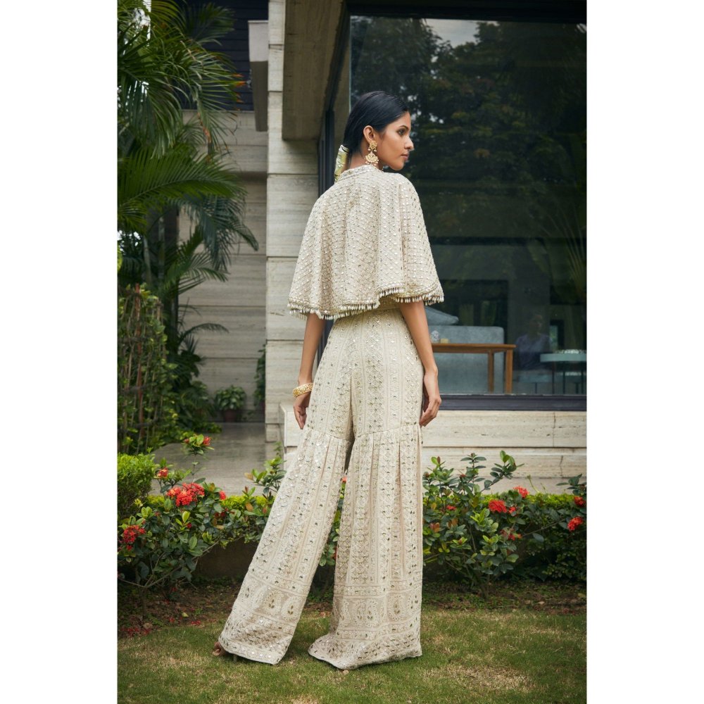 Bohame Venya Beige Chikankari & Mirror Work Bustier with Cape & Sharara (Set of 3)