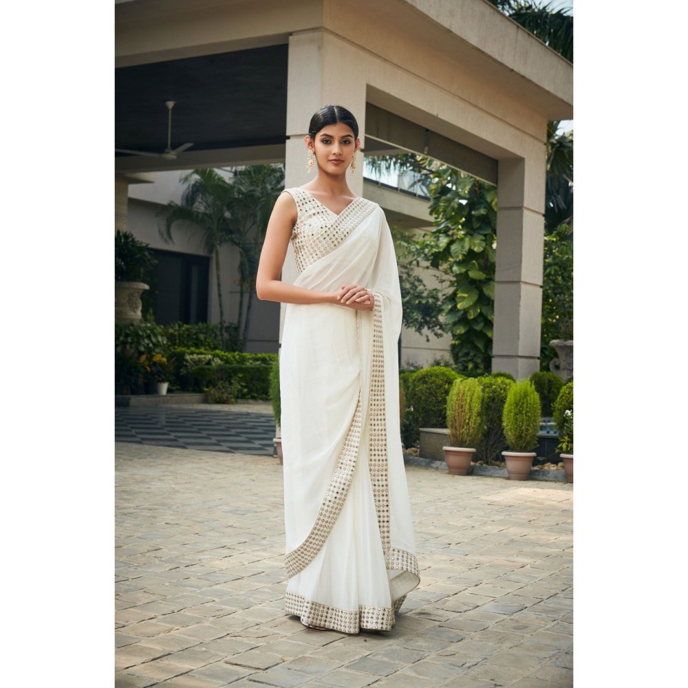 Bohame Ayra Off White Mirror Work & Chikankari Saree with Stitched Blouse & Petticoat