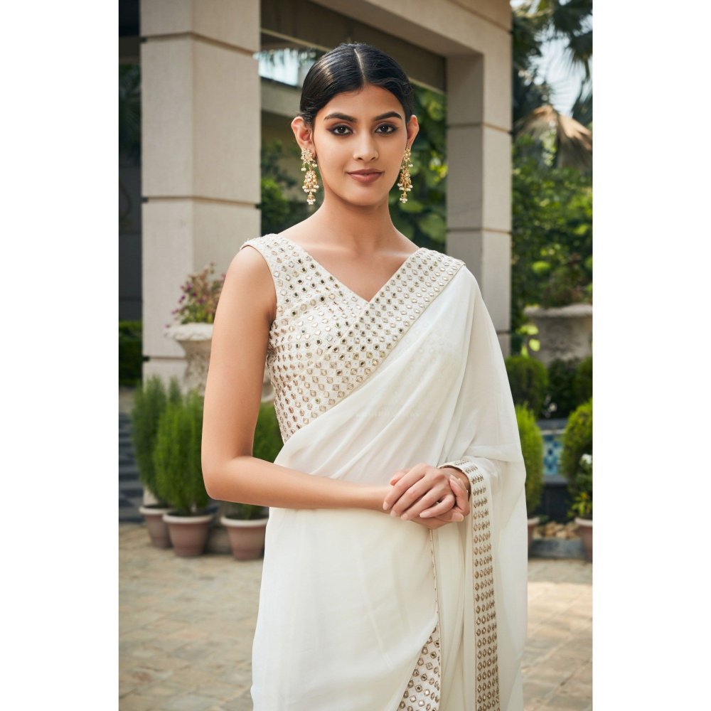 Bohame Ayra Off White Mirror Work & Chikankari Saree with Stitched Blouse & Petticoat