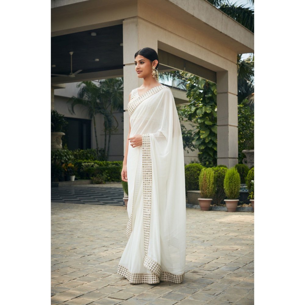Bohame Ayra Off White Mirror Work & Chikankari Saree with Stitched Blouse & Petticoat