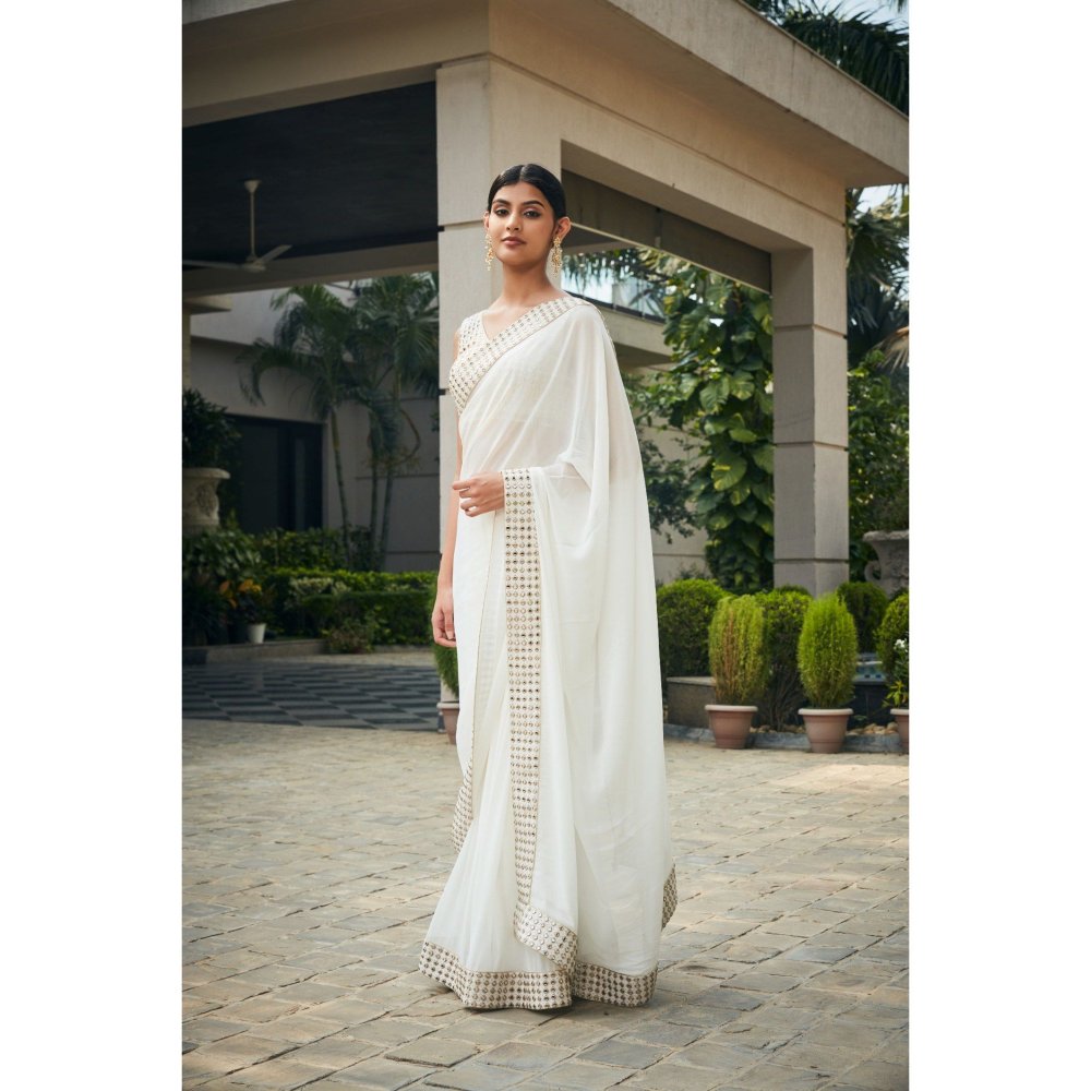 Bohame Ayra Off White Mirror Work & Chikankari Saree with Stitched Blouse & Petticoat