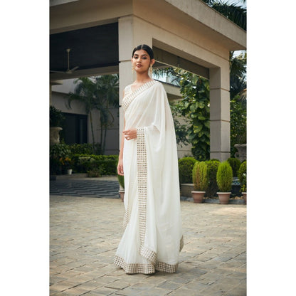Bohame Ayra Off White Mirror Work & Chikankari Saree with Stitched Blouse & Petticoat