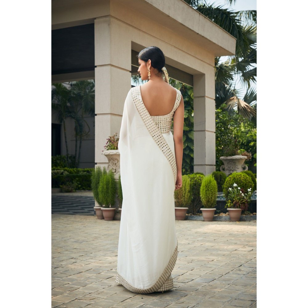 Bohame Ayra Off White Mirror Work & Chikankari Saree with Stitched Blouse & Petticoat