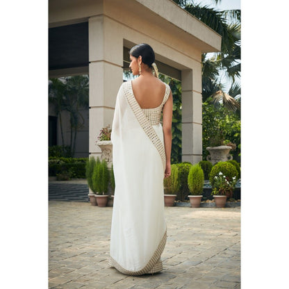 Bohame Ayra Off White Mirror Work & Chikankari Saree with Stitched Blouse & Petticoat