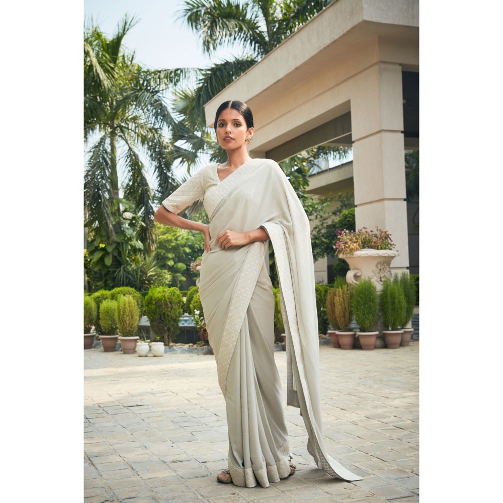 Bohame Amona Mint Grey Chikankari Embroidered Saree with Stitched Blouse & Petticoat