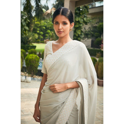 Bohame Amona Mint Grey Chikankari Embroidered Saree with Stitched Blouse & Petticoat