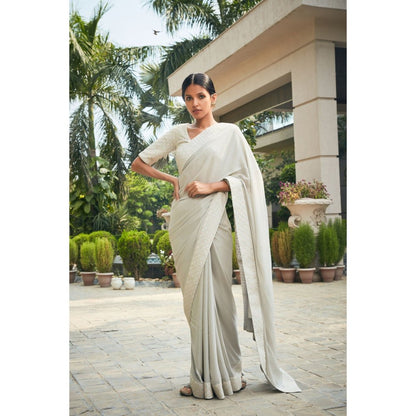 Bohame Amona Mint Grey Chikankari Embroidered Saree with Stitched Blouse & Petticoat