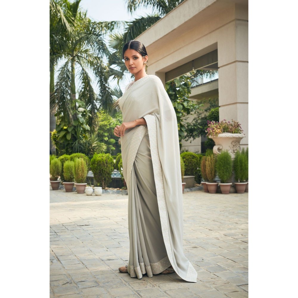 Bohame Amona Mint Grey Chikankari Embroidered Saree with Stitched Blouse & Petticoat