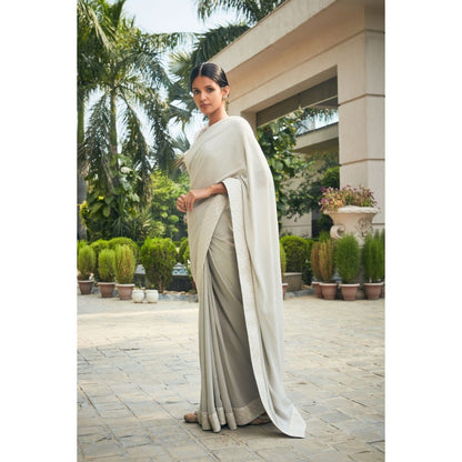 Bohame Amona Mint Grey Chikankari Embroidered Saree with Stitched Blouse & Petticoat