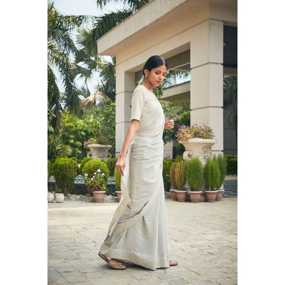 Bohame Amona Mint Grey Chikankari Embroidered Saree with Stitched Blouse & Petticoat