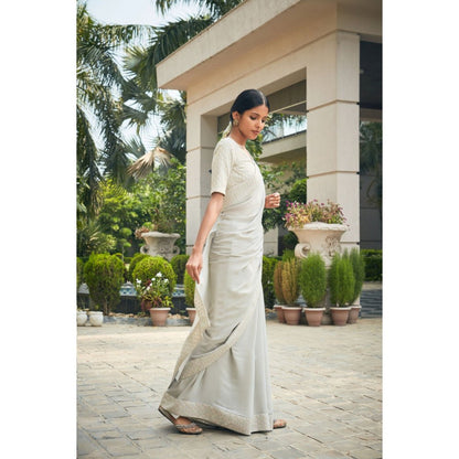 Bohame Amona Mint Grey Chikankari Embroidered Saree with Stitched Blouse & Petticoat