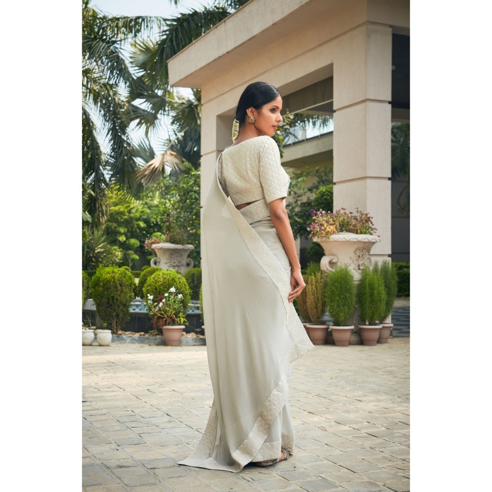 Bohame Amona Mint Grey Chikankari Embroidered Saree with Stitched Blouse & Petticoat