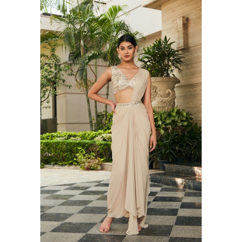 Bohame Zeya Beige Chikankari & Mirror Work Concept Pre-Draped Saree with Stitched Blouse