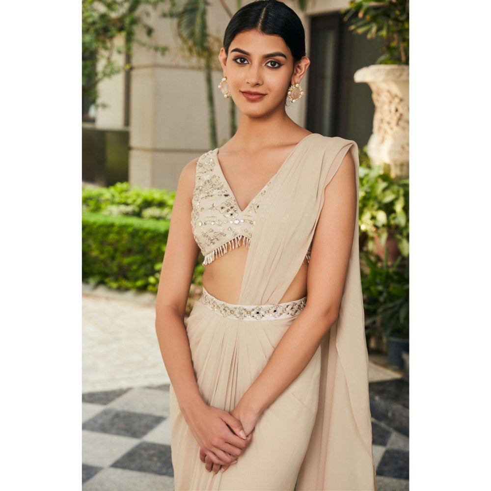 Bohame Zeya Beige Chikankari & Mirror Work Concept Pre-Draped Saree with Stitched Blouse