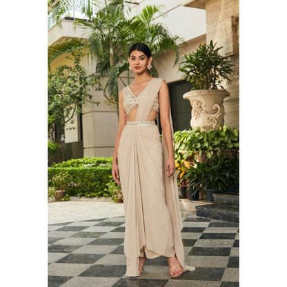 Bohame Zeya Beige Chikankari & Mirror Work Concept Pre-Draped Saree with Stitched Blouse